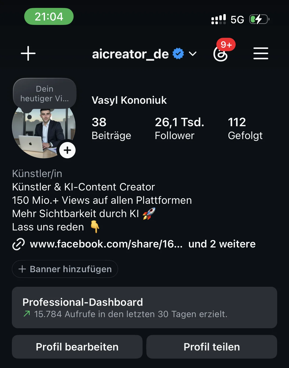 Instagram-Profil @aicreator_de von Vasyl Kononiuk: 38 Beiträge, 26,1 Tsd. Follower, 112 Gefolgt – Ausschnitt des Profilkopfs.